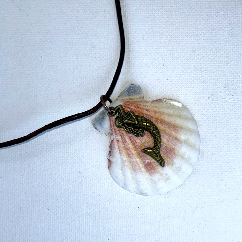 Genuine Seashell Mermaid Charm on Adjustable Leather Cord Beach Vacation